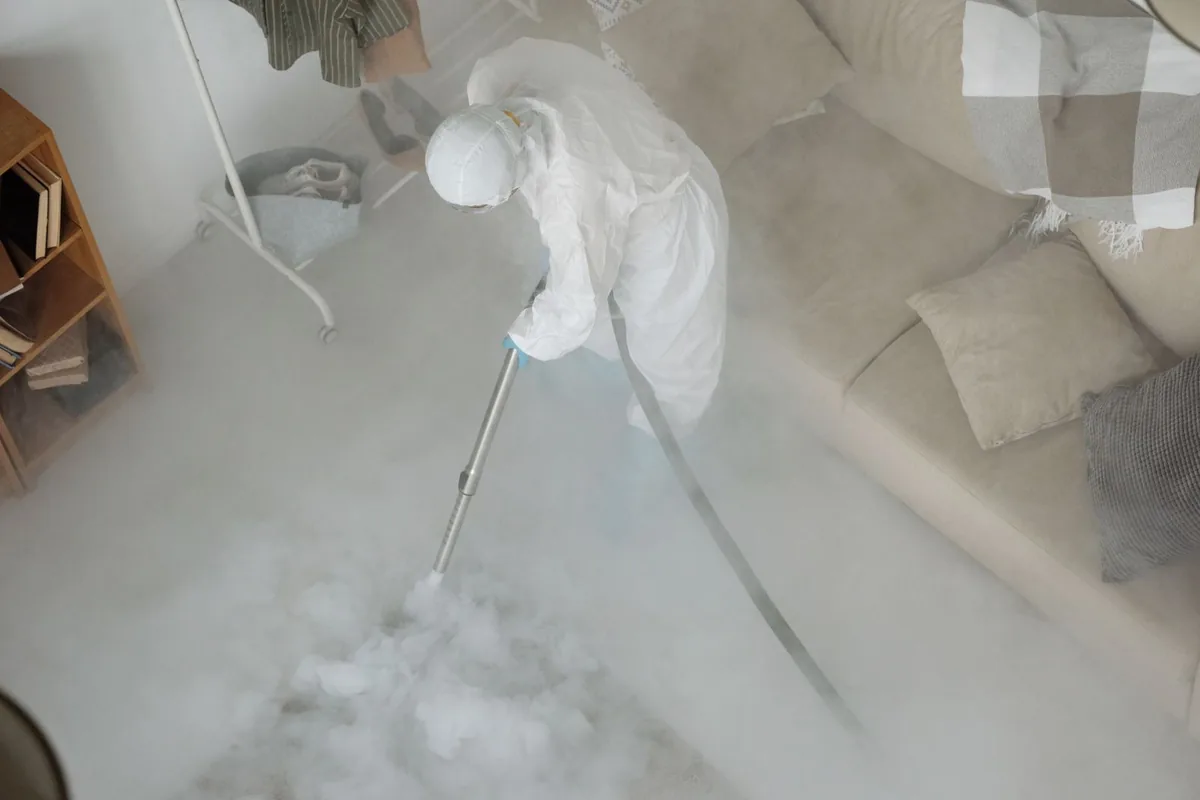 Biohazard cleanup technician in protective equipment, Mount Cobb, PA